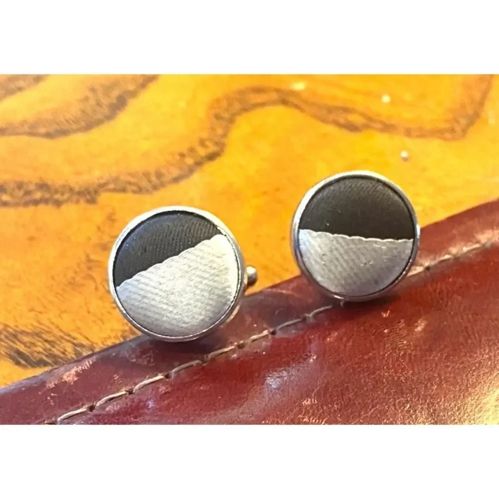 VTG Silver Tone Cufflinks with Black and White Fabric Inserts